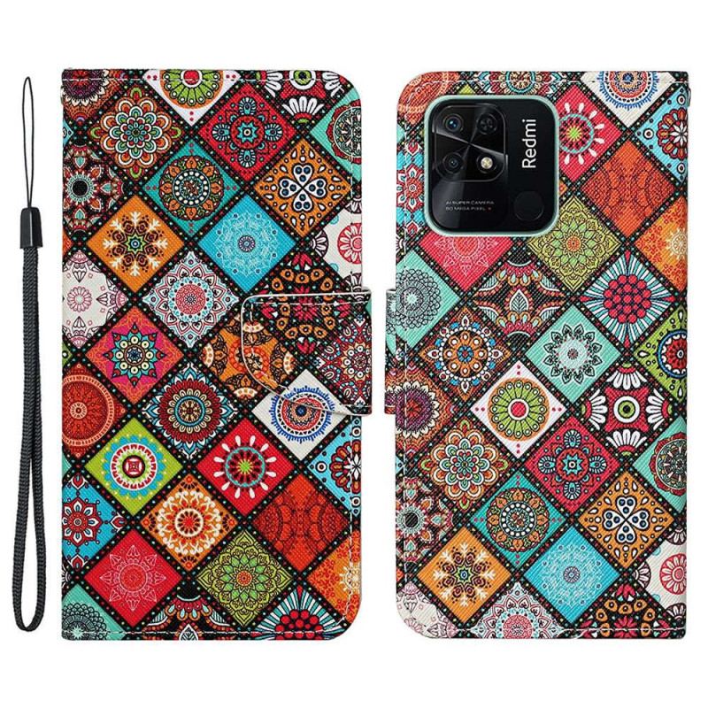 Capa Folio Para Xiaomi Redmi 10C De Cordão Strappy Patchwork