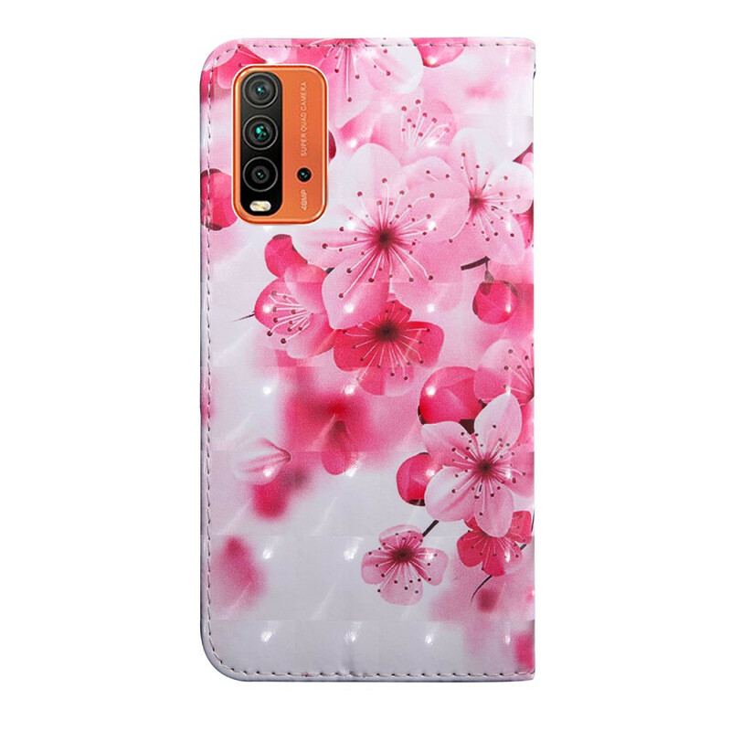 Capa De Couro Para Xiaomi Redmi 9T Flores Cor De Rosa