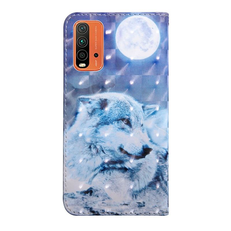 Capa De Couro Para Xiaomi Redmi 9T Lobo Ao Luar