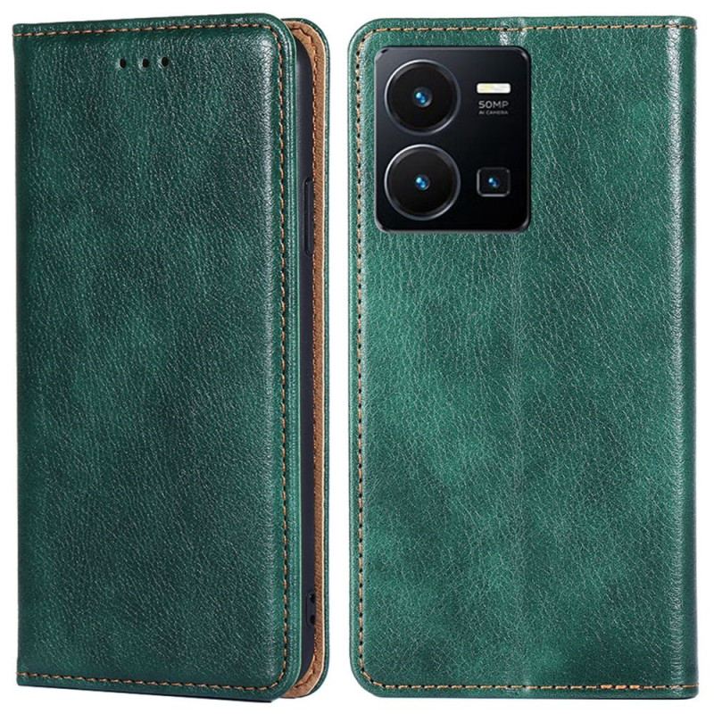 Capa De Celular Para Vivo Y35 Flip Costura De Couro Falso