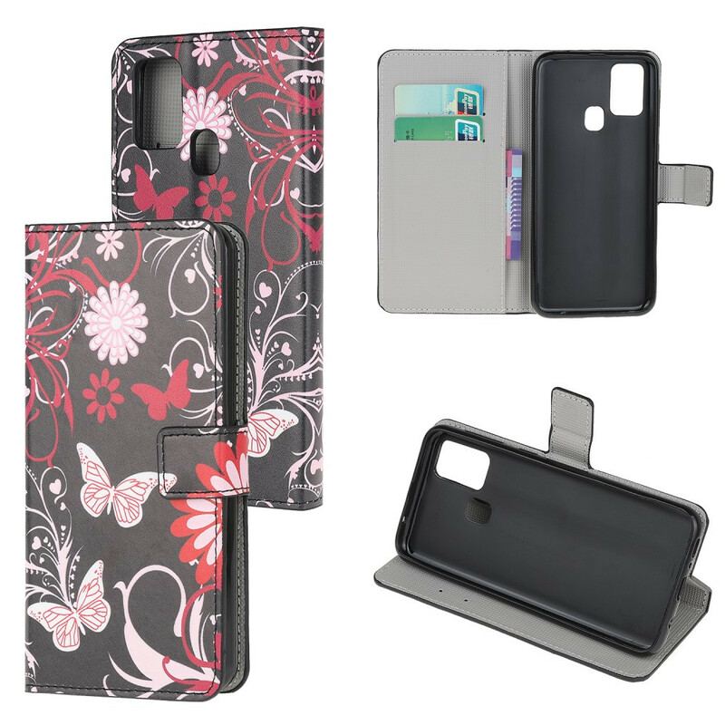 Capa Em Pele Para OnePlus Nord N10 Borboletas E Flores