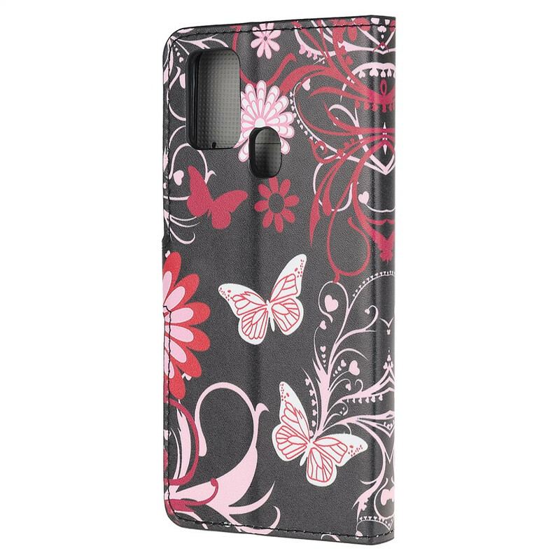 Capa Em Pele Para OnePlus Nord N10 Borboletas E Flores