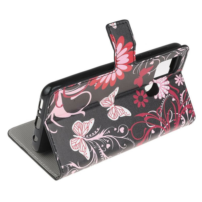 Capa Em Pele Para OnePlus Nord N10 Borboletas E Flores