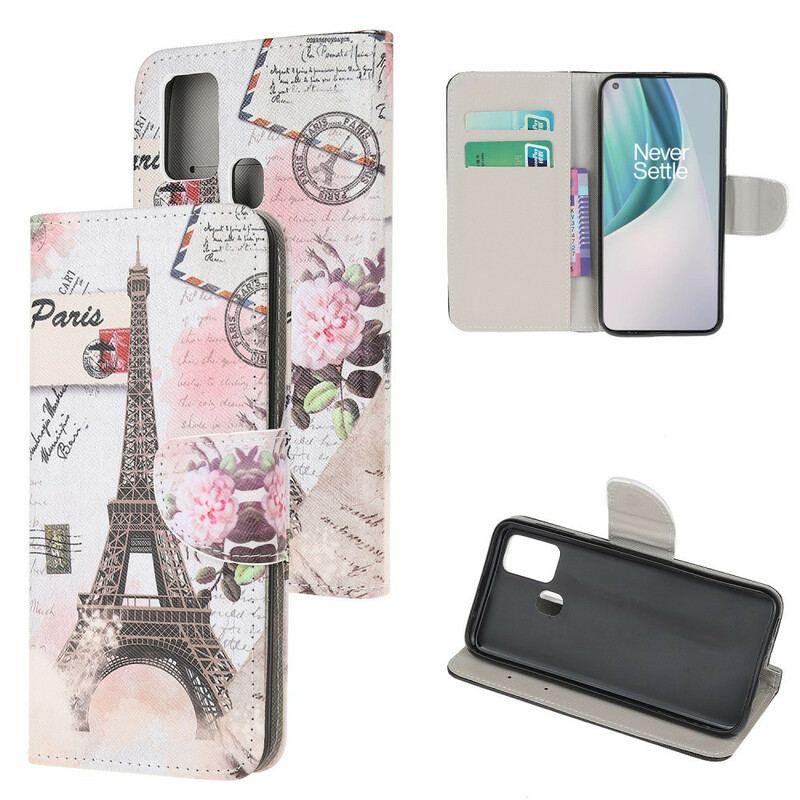 Capa Em Pele Para OnePlus Nord N10 Torre Eiffel Retrô