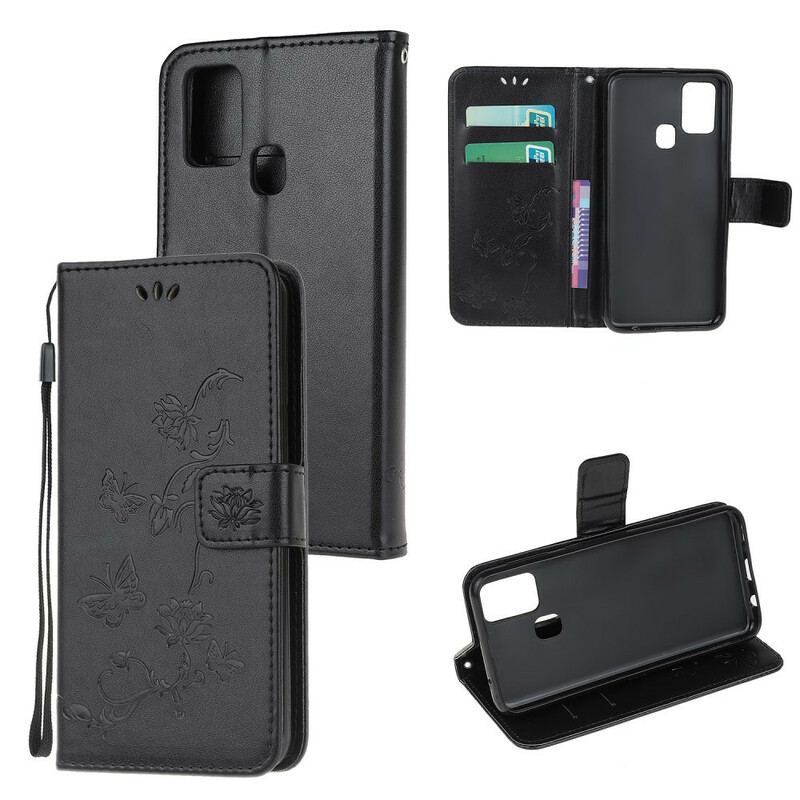 Capa Flip Para OnePlus Nord N10 De Cordão Tanga Borboletas E Flores