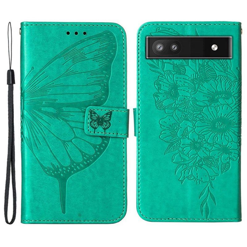 Capa De Couro Para Google Pixel 6A De Cordão Borboleta Artística Com Alça