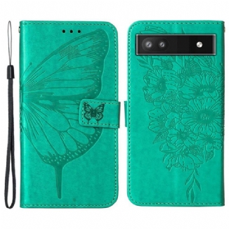 Capa De Couro Para Google Pixel 6A De Cordão Borboleta Artística Com Alça