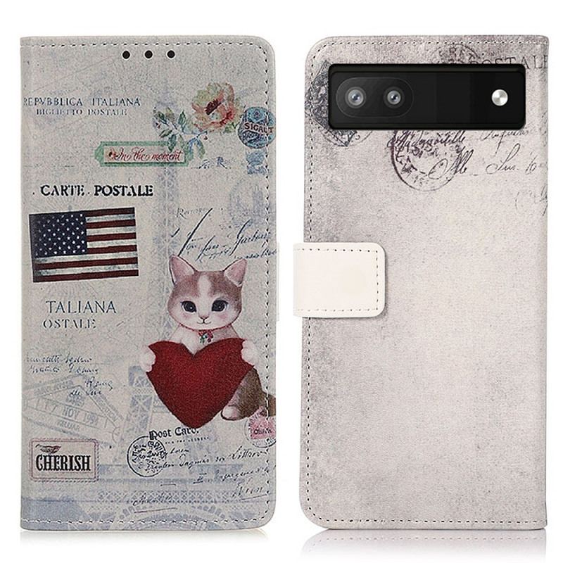 Capa De Couro Para Google Pixel 6A Gato Viajante