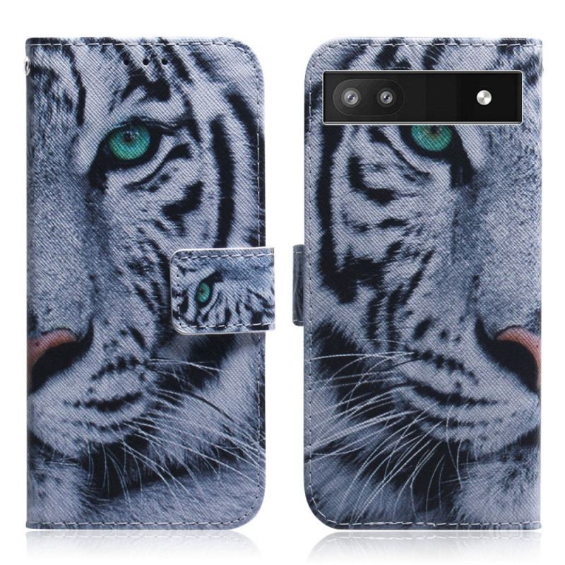 Capa De Couro Para Google Pixel 6A Tigre Branco