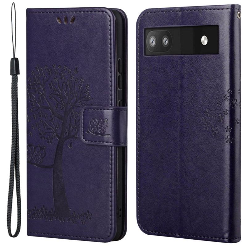 Capa Flip Para Google Pixel 6A Árvore Coruja Com Cordão