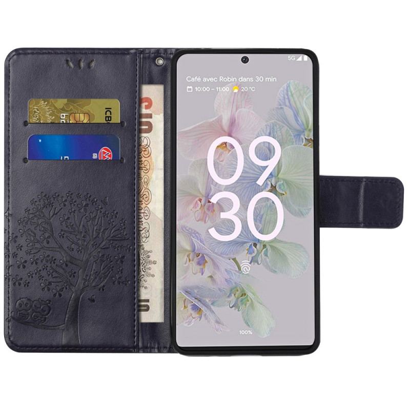 Capa Flip Para Google Pixel 6A Árvore Coruja Com Cordão