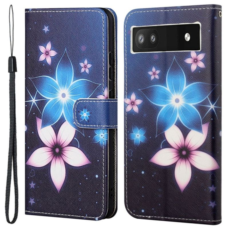 Capa Flip Para Google Pixel 6A De Cordão Flores De Cinta Lunar