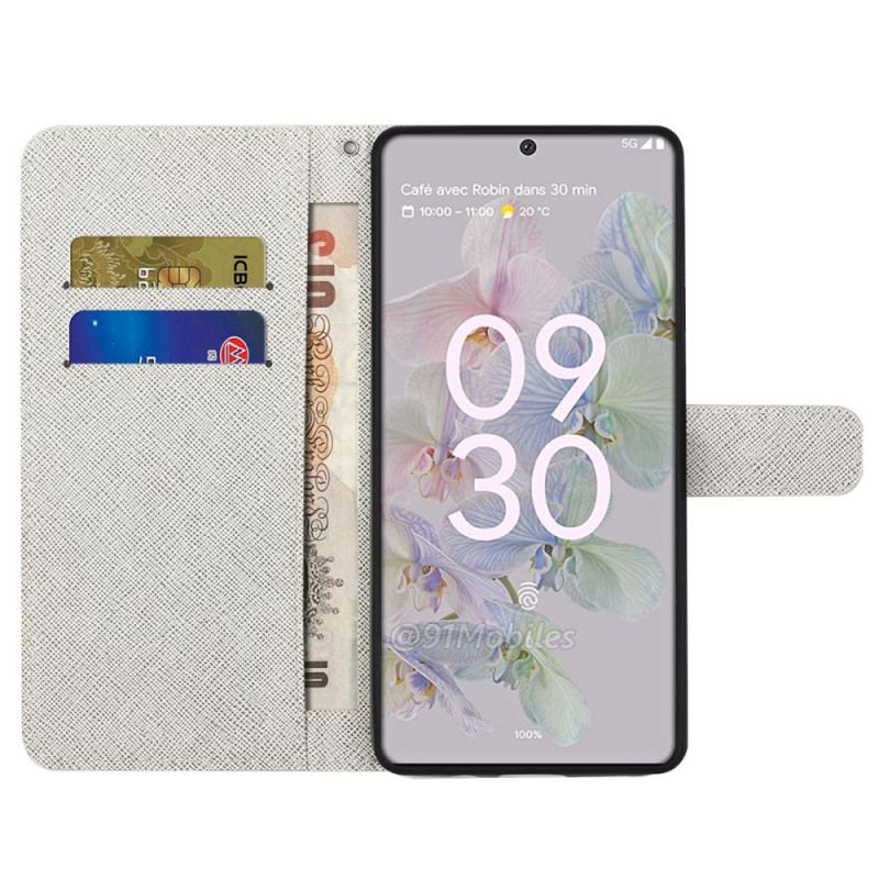 Capa Flip Para Google Pixel 6A De Cordão Flores De Cinta Lunar