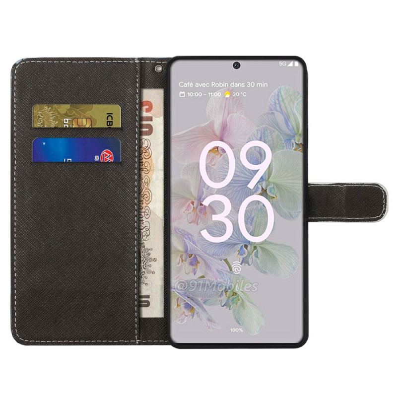 Capa Flip Para Google Pixel 6A De Cordão Olhos De Gato Com Tiras