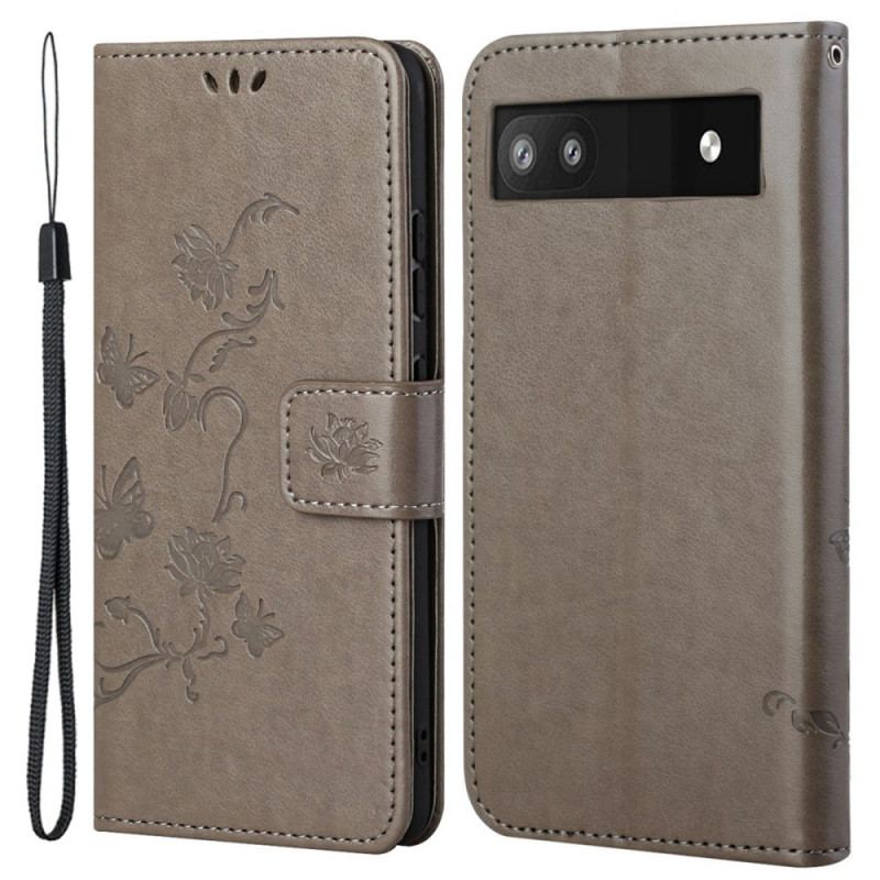 Capa Folio Para Google Pixel 6A De Cordão Flores E Borboletas Com Alça