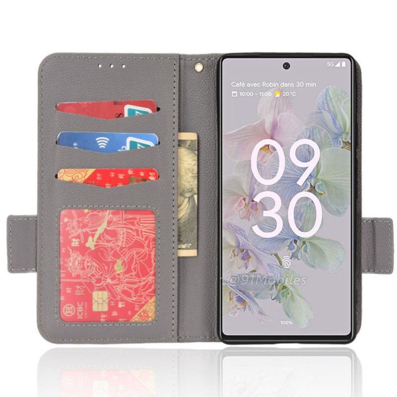 Capa Folio Para Google Pixel 6A Fecho Duplo De Couro De Lichia