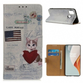 Capa De Couro Para OnePlus Nord N100 Gato Viajante