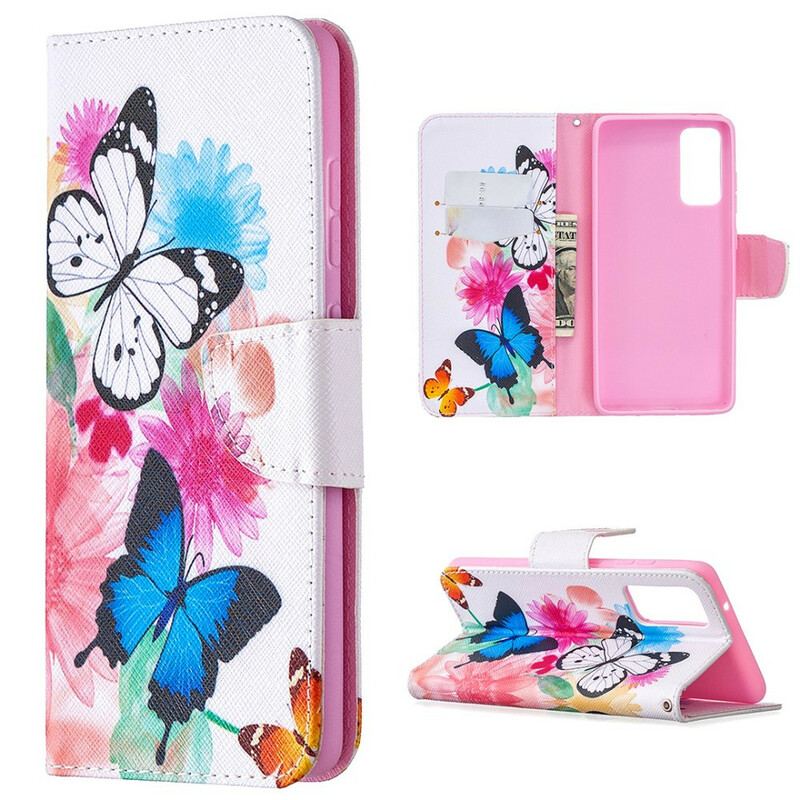 Capa De Couro Para Samsung Galaxy S20 FE Borboletas E Flores Pintadas