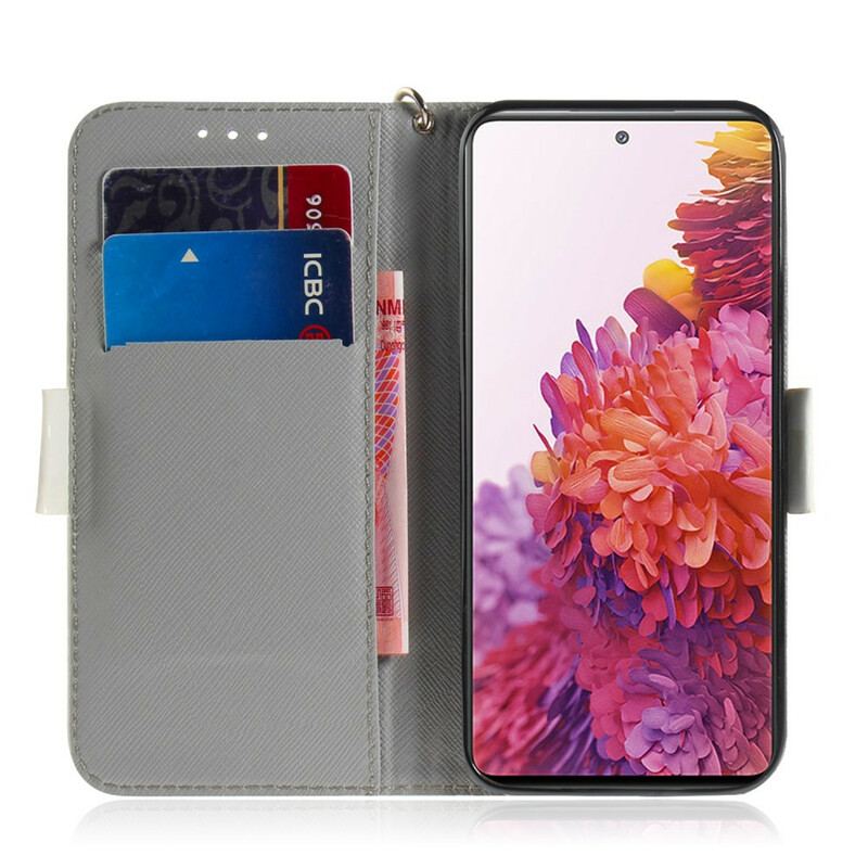 Capa De Couro Para Samsung Galaxy S20 FE De Cordão Ramo Florido Com Alça