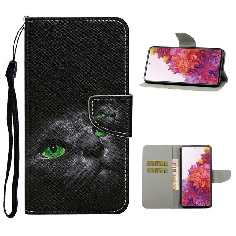 Capa De Couro Para Samsung Galaxy S20 FE Gato De Olhos Verdes Com Cordão