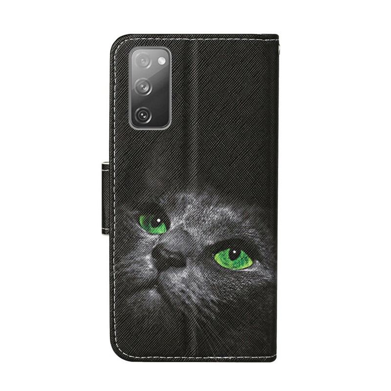 Capa De Couro Para Samsung Galaxy S20 FE Gato De Olhos Verdes Com Cordão