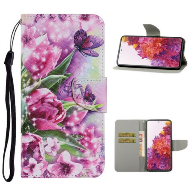 Capa Flip Para Samsung Galaxy S20 FE Borboletas E Tulipas