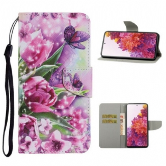 Capa Flip Para Samsung Galaxy S20 FE Borboletas E Tulipas