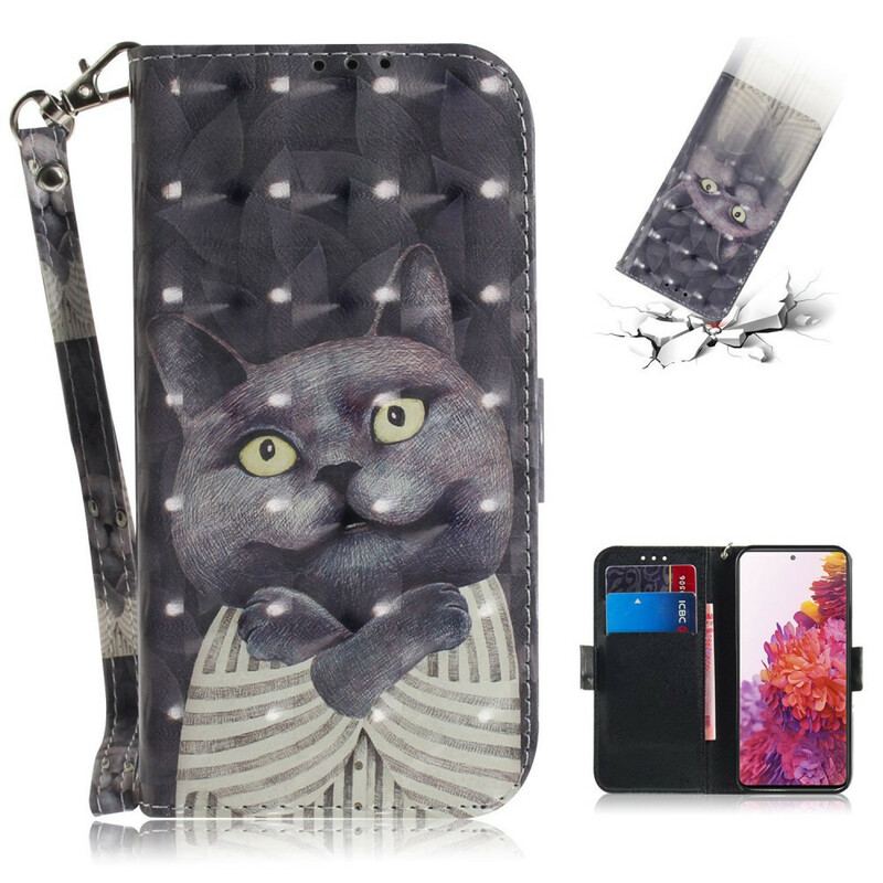 Capa Flip Para Samsung Galaxy S20 FE De Cordão Gato Cinzento Com Alça