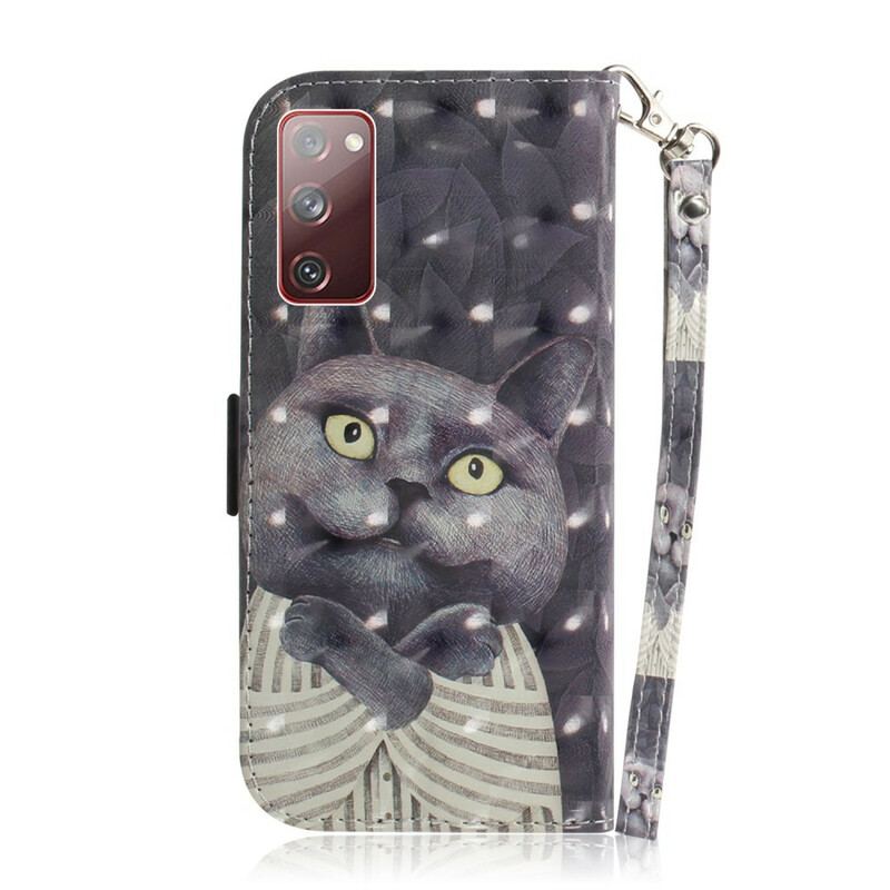 Capa Flip Para Samsung Galaxy S20 FE De Cordão Gato Cinzento Com Alça