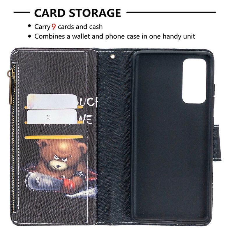 Capa Flip Para Samsung Galaxy S20 FE Urso De Bolso Com Zíper