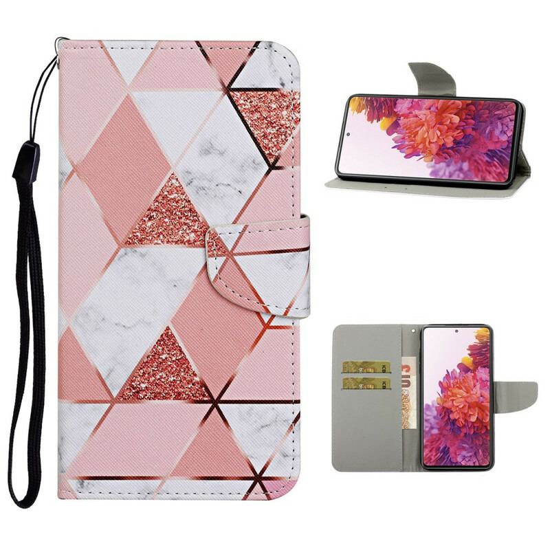 Capa Folio Para Samsung Galaxy S20 FE Mármore E Lantejoulas Com Alça