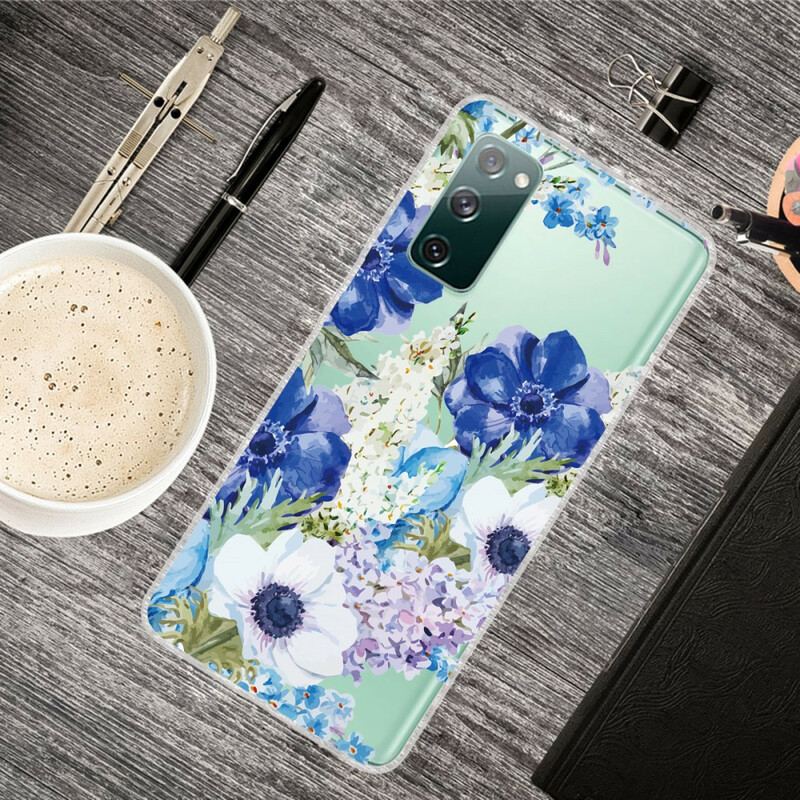 Capa Para Samsung Galaxy S20 FE Flores Azuis Em Aquarela Sem Costura