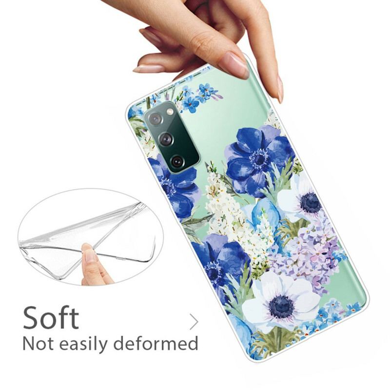 Capa Para Samsung Galaxy S20 FE Flores Azuis Em Aquarela Sem Costura