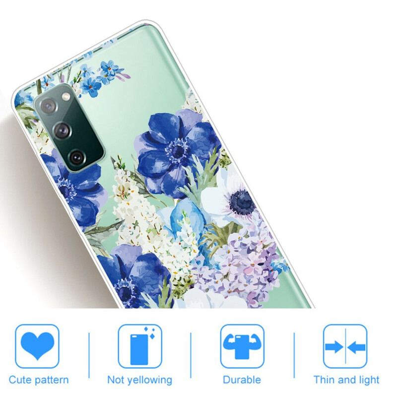 Capa Para Samsung Galaxy S20 FE Flores Azuis Em Aquarela Sem Costura