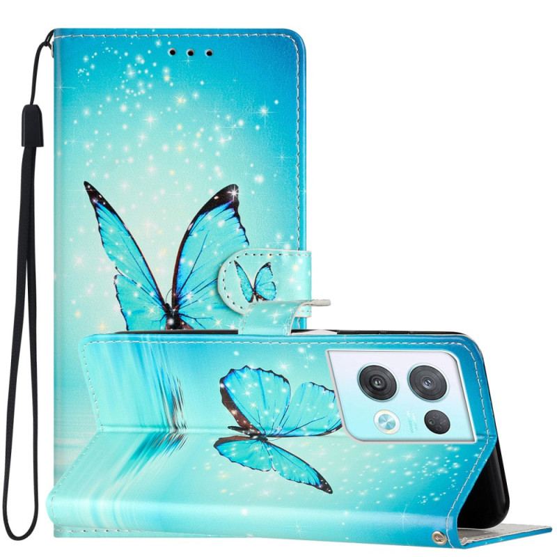 Capa De Couro Para Oppo Reno 8 Pro De Cordão Borboletas Azuis Com Alça