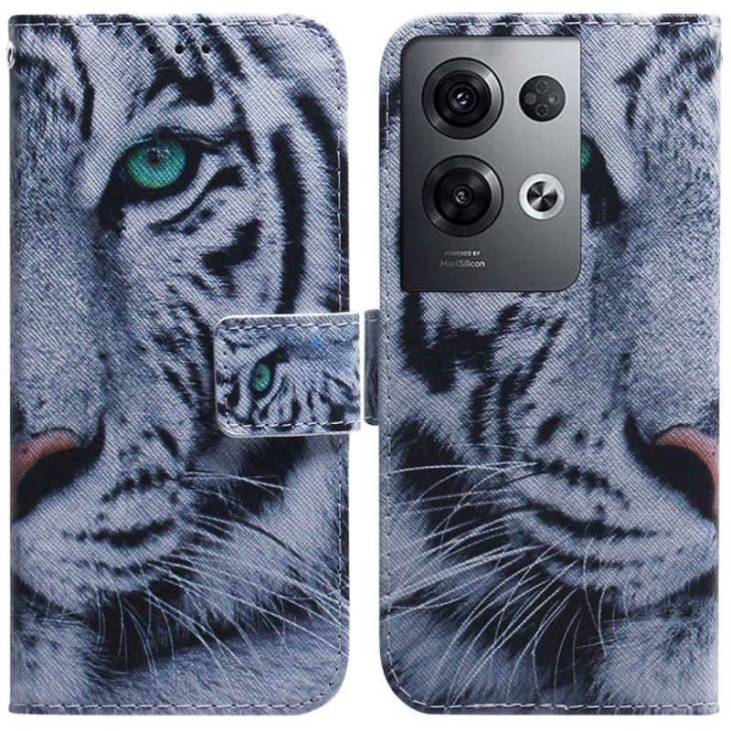 Capa De Couro Para Oppo Reno 8 Pro De Cordão Tira Tigre Branco