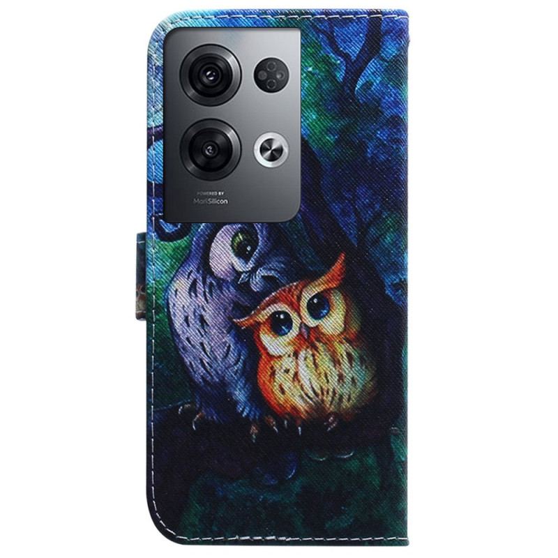 Capa Flip Para Oppo Reno 8 Pro De Cordão Pintura De Corujas Strappy