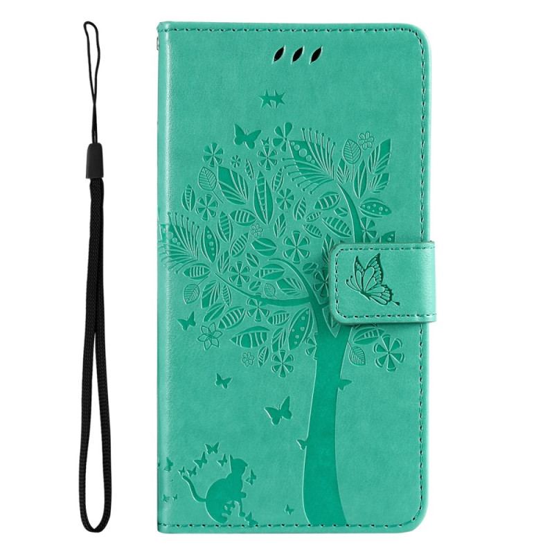 Capa Flip Para Vivo Y16 De Cordão Árvore E Gato Strappy