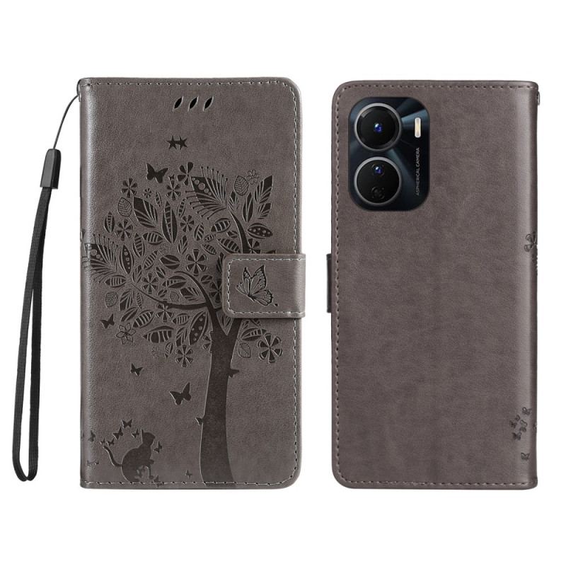 Capa Flip Para Vivo Y16 De Cordão Árvore E Gato Strappy