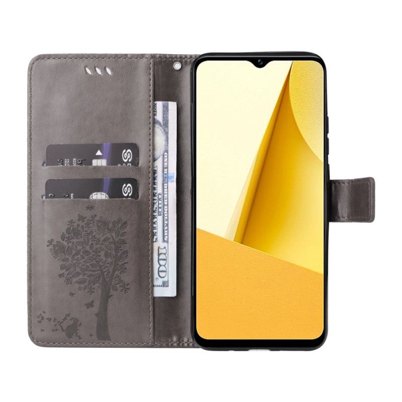 Capa Flip Para Vivo Y16 De Cordão Árvore E Gato Strappy