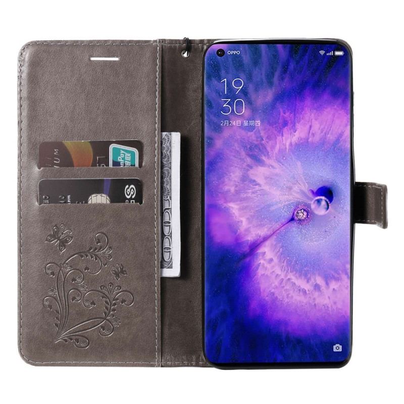 Capa De Couro Para Oppo Find X5 Pro De Cordão Borboletas Gigantes