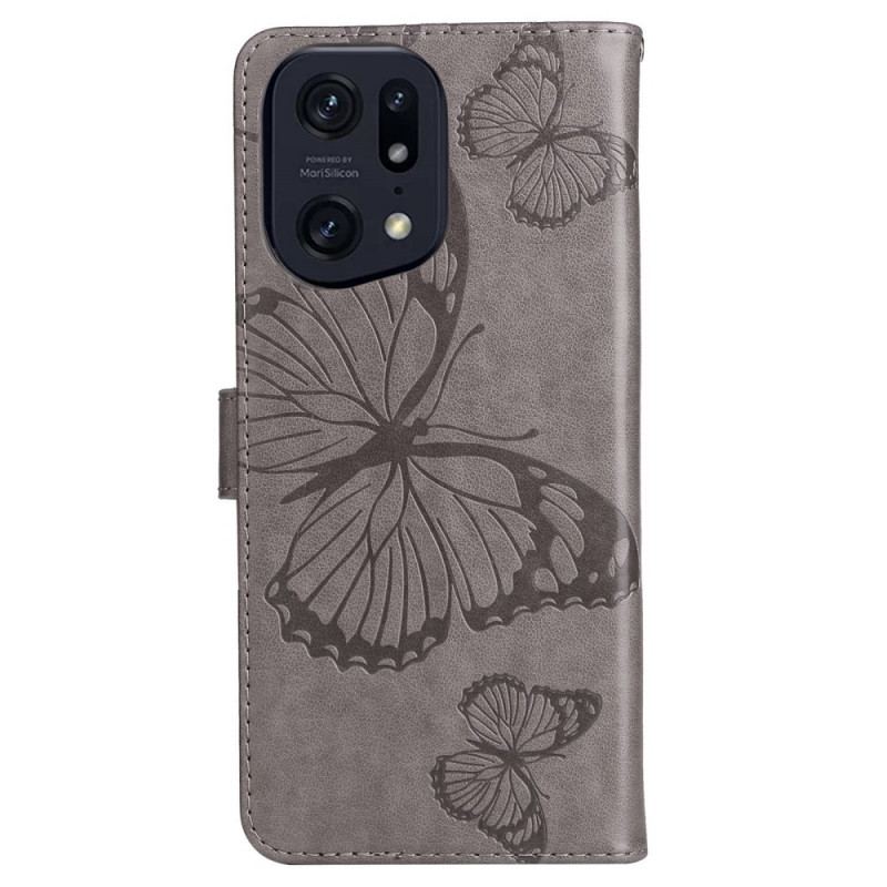 Capa De Couro Para Oppo Find X5 Pro De Cordão Borboletas Gigantes