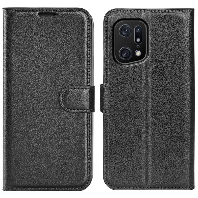 Capa Flip Para Oppo Find X5 Pro Couro Sintético De Lichia Clássico