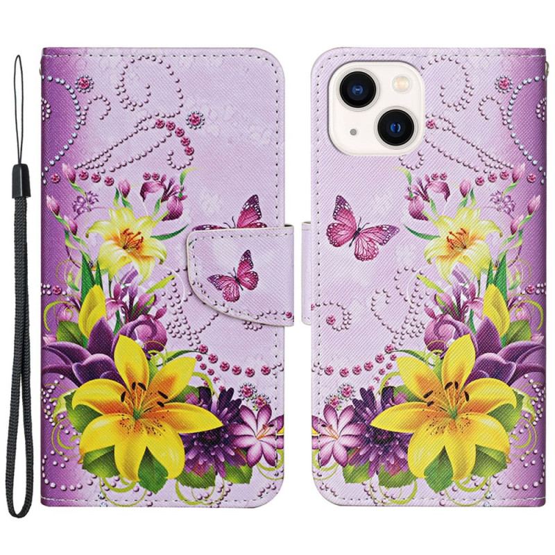 Capa De Couro Para iPhone 15 De Cordão Borboletas E Flores Com Alça