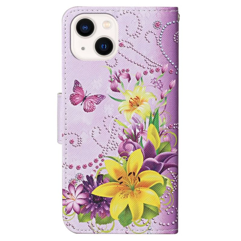 Capa De Couro Para iPhone 15 De Cordão Borboletas E Flores Com Alça