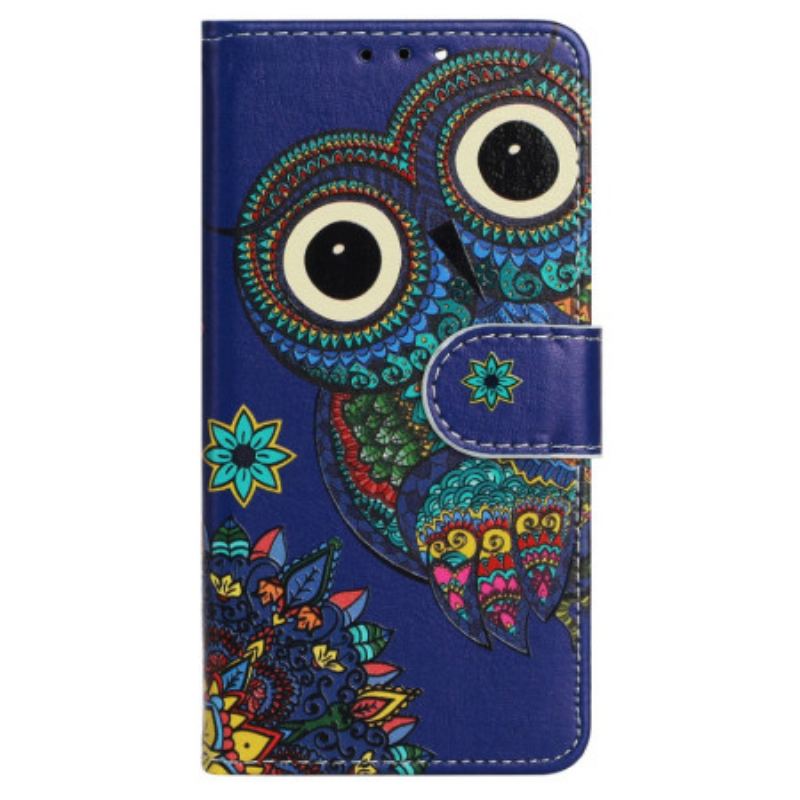 Capa De Couro Para iPhone 15 De Cordão Coruja Tribal Com Alça