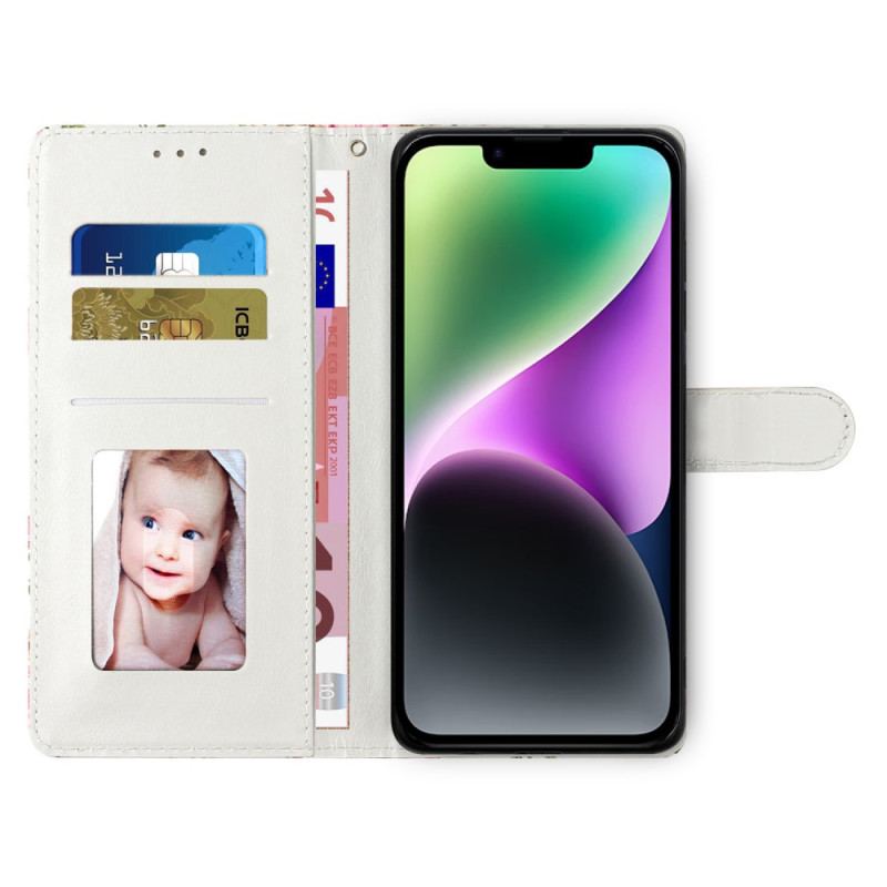 Capa De Couro Para iPhone 15 De Cordão Lobo Branco Com Alça