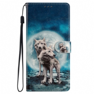 Capa De Couro Para iPhone 15 De Cordão Cordão Lobos Sob A Lua