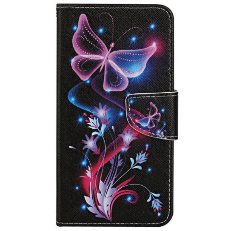 Capa De Couro Para iPhone 15 De Cordão Vôo Das Mariposas De Cordão