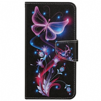 Capa De Couro Para iPhone 15 De Cordão Vôo Das Mariposas De Cordão